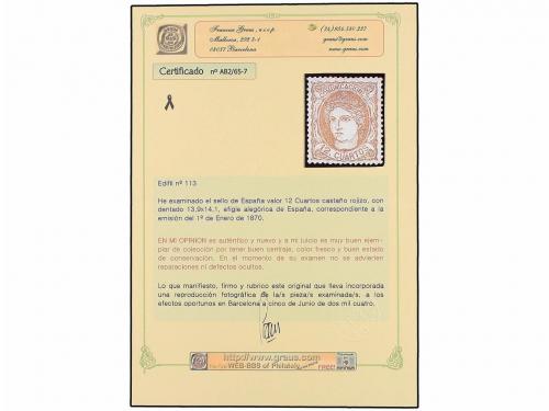 (*) ESPAÑA. Ed. 113. 12 cuartos castaño. MAGNÍFICO EJEMPLAR.