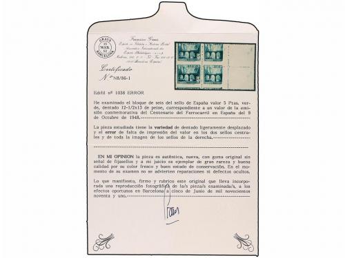 ** ESPAÑA. Ed. 1038. 5 pts. verde. Bloque de seis, dos sello