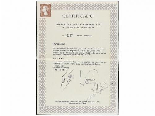 ✉ ESPAÑA. Ed. 80 (4), 82 (3). 1867. Frente de Plica Judicial