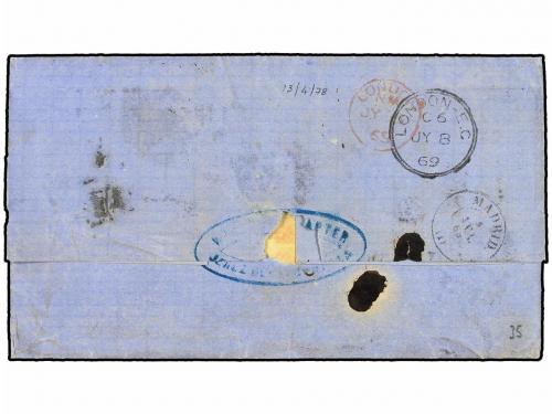 ✉ ESPAÑA. Ed. 100 (2). 1869. JEREZ a LONDRES. 200 mils. verd