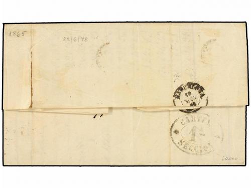 ✉ ESPAÑA. 1865. CARTAGENA a BARCELONA. Circulada con sello d