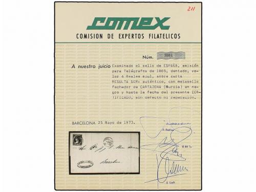 ✉ ESPAÑA. 1865. CARTAGENA a BARCELONA. Circulada con sello d