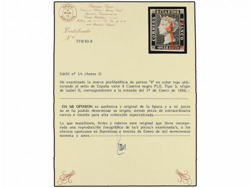 ° ESPAÑA. Ed. 1A. 6 cuartos negro, pl. II - 3. Mat. "1" en r