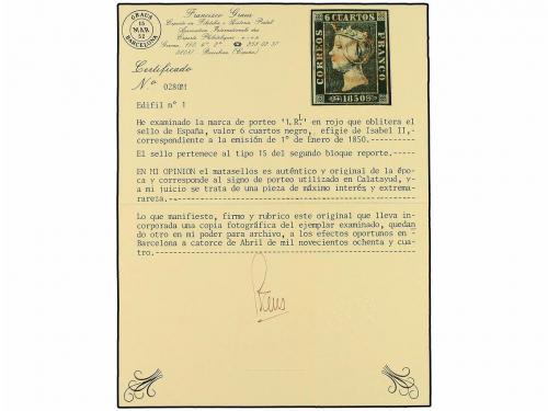 ° ESPAÑA. Ed. 1A. 6 cuartos negro, pl. II - 15. Mat. 1 RL en