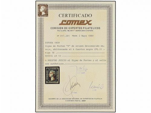 ° ESPAÑA. Ed. 1. 6 cuartos negro, pl. I - 18. Mat. O en rojo