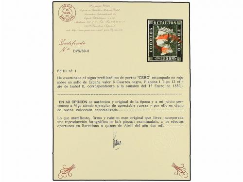 ° ESPAÑA. Ed. 1. 6 cuartos negro, pl. I - 13. Mat. O de VIGO