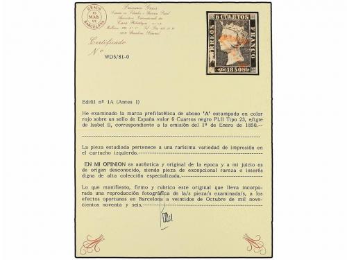 ° ESPAÑA. Ed. 1A. 6 cuartos negro, pl. II - 23. Mat. A en ro