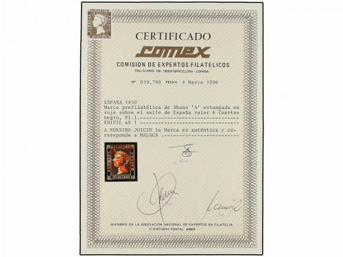 ° ESPAÑA. Ed. 1. 6 cuartos negro, pl. I - 13. Mat. A de Abon