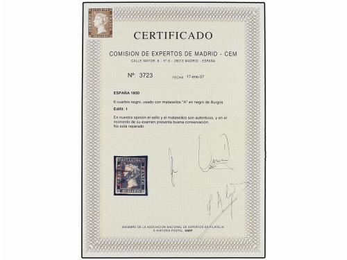 ° ESPAÑA. Ed. 1. 6 cuartos negro, pl. I - 20. Mat. A de BURG