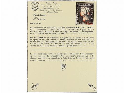 ° ESPAÑA. Ed. 1. 6 cuartos negro, pl. I - 21. Mat. fechador 