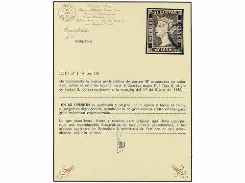 ° ESPAÑA. Ed. 1. 6 cuartos negro, pl. I - 8. Mat. O en azul 