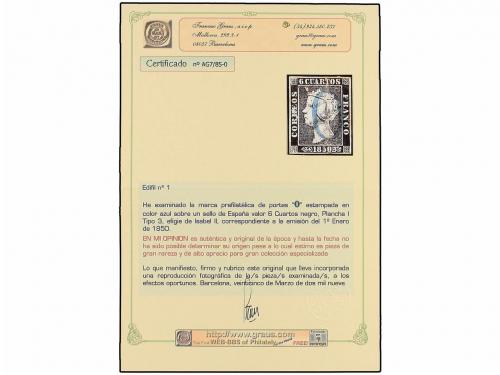 ° ESPAÑA. Ed. 1. 6 cuartos negro, pl. I - 3. Mat. O en azul 