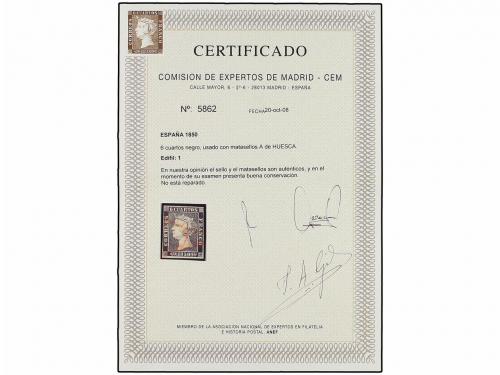 ° ESPAÑA. Ed. 1. 6 cuartos negro, pl. I - 16. Mat. A de Abon