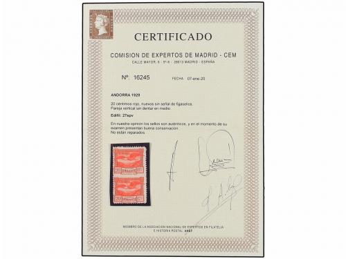 ** ANDORRA. Ed. 27spn. 20 cts. rojo. Pareja vertical SIN DEN