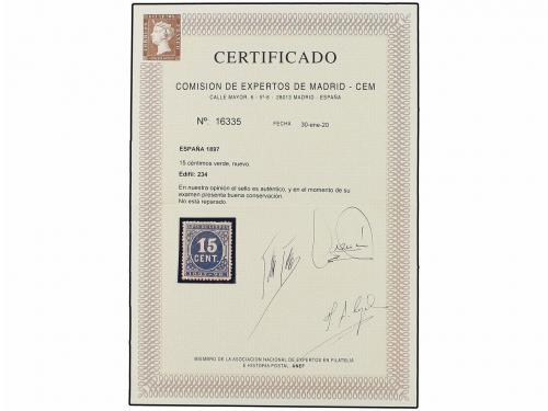 ** ESPAÑA. Ed. 234. 15 cent. verde. Pieza de LUJO. Cert. CEM