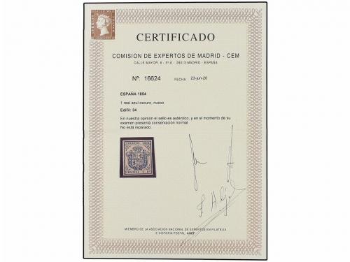 (*) ESPAÑA. Ed. 34. 1 real azul. PIEZA DE LUJO. Cert. CEM. C