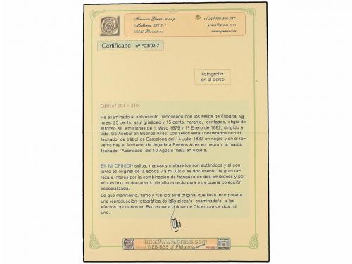 ✉ ESPAÑA. Ed. 204 (2), 210 (2). 1882. BARCELONA a BUENOS AIR