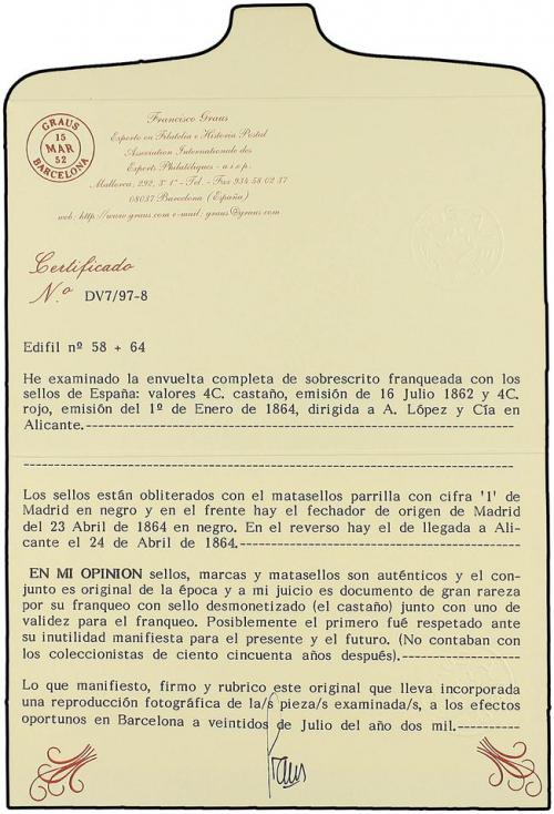 ✉ ESPAÑA. Ed. 58+64. 1864 (23 Abril). MADRDI a ALICANTE. 4 c