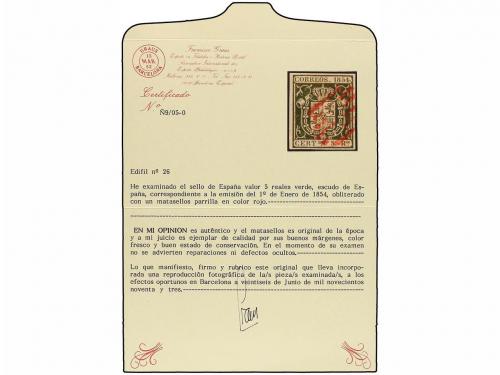 ° ESPAÑA. Ed. 26. 5 reales verde, mat. PARRILLA ROJA. LUJO. 