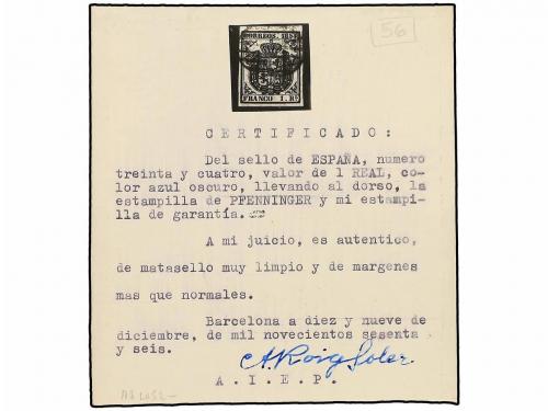 ° ESPAÑA. Ed. 34. 1 real azul. Color intenso y grandes márge