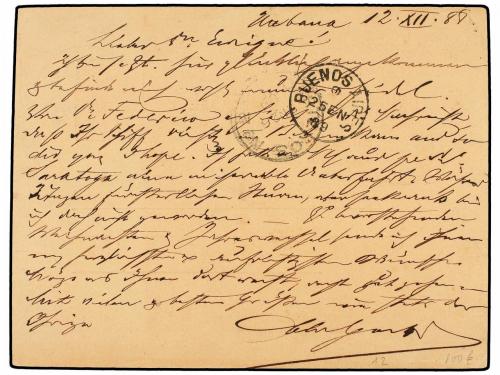 ✉ CUBA. 1888. HABANA a BUENOS AIRES. Entero Postal de 3 ctvo