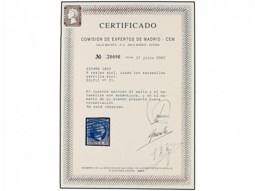 ° ESPAÑA. Ed. 21. 6 reales azul, mat. PARRILLA AZUL. MAGNÍFI
