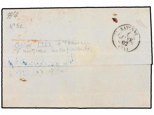 ✉ ESPAÑA. Ed. 52 (3). 1862. GIJÓN a FRANCIA. 4 cuartos amari