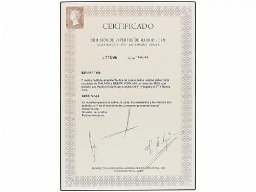 ✉ ESPAÑA. Ed. 73Ab (4). 1865. MÁLAGA a NEW YORK. 2 reales am