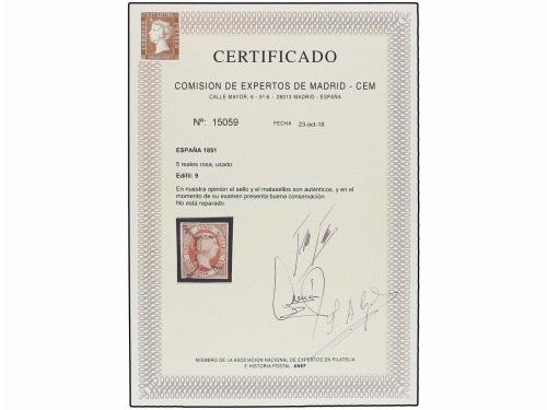 ° ESPAÑA. Ed. 9. 5 reales rojo. PIEZA DE LUJO. Cert. CEM. Ca