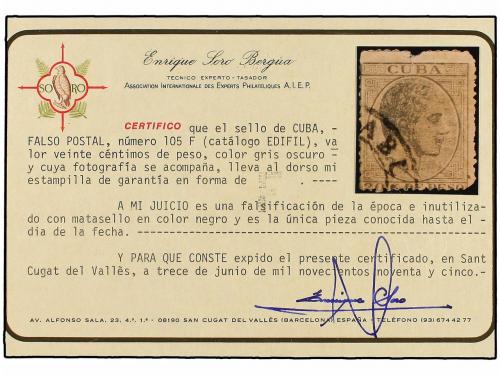 ° COLONIAS ESPAÑOLAS: CUBA. Ed. 105F. 20 cts. gris FALSO POS