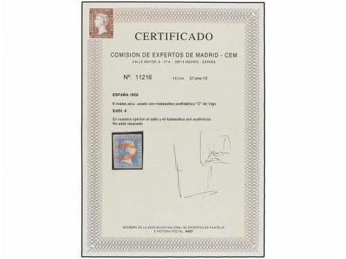 ° ESPAÑA. Ed. 4. 6 reales azul, mat. "O" de VIGO en rojo. MA