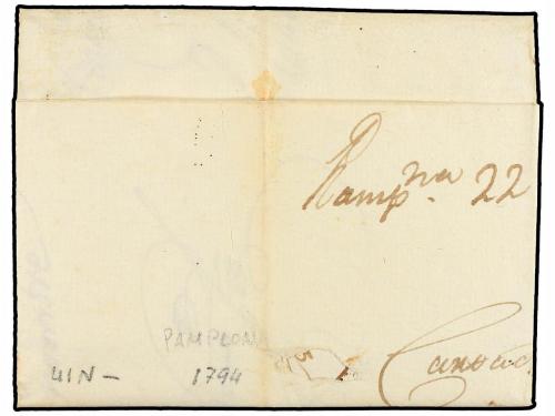 ✉ ESPAÑA: PREFILATELIA. 1794. PAMPLONA a SANGUESA. Indicació