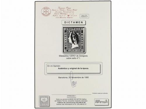 ° ESPAÑA. Ed. 1A. 6 cuartos negro, pl. I, mat. "O" de ZARAGO