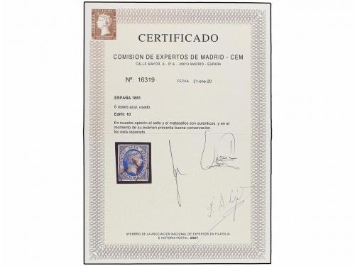 ° ESPAÑA. Ed. 10. 6 reales azul. PIEZA DE LUJO. Cert. CEM. C