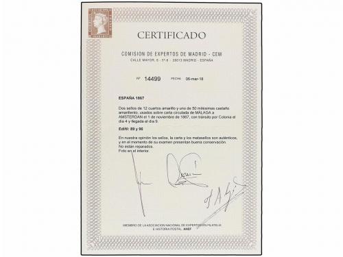 ✉ ESPAÑA. Ed. 89 (2), 96. 1867. MÁLAGA a AMSTERDAM. 50 mils.