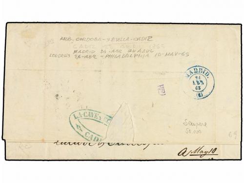✉ ESPAÑA. Ed. 73 (4). 1865. CÁDIZ a PHILADELPHIA. 2 reales l