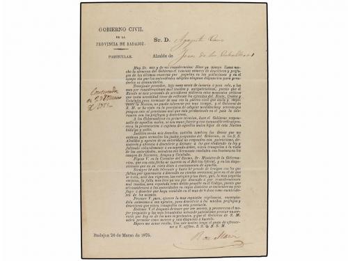 ✉ ESPAÑA. 1875. BADAJOZ a JEREZ DE LOS CABALLEROS. Franquici