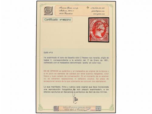 ° ESPAÑA. Ed. 8. 2 reales naranja, mat. ARAÑA ROJA. MAGNÍFIC