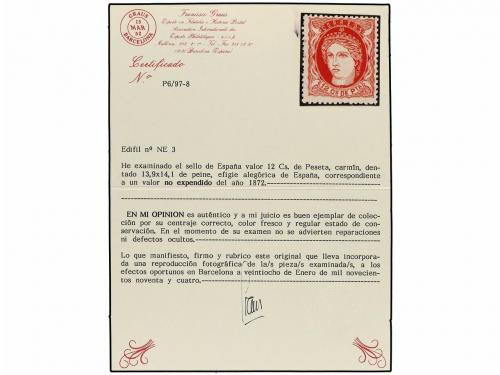 ** ESPAÑA. Ed. NE 3. NO EMITIDO. 12 cts. carmín. Excelente c