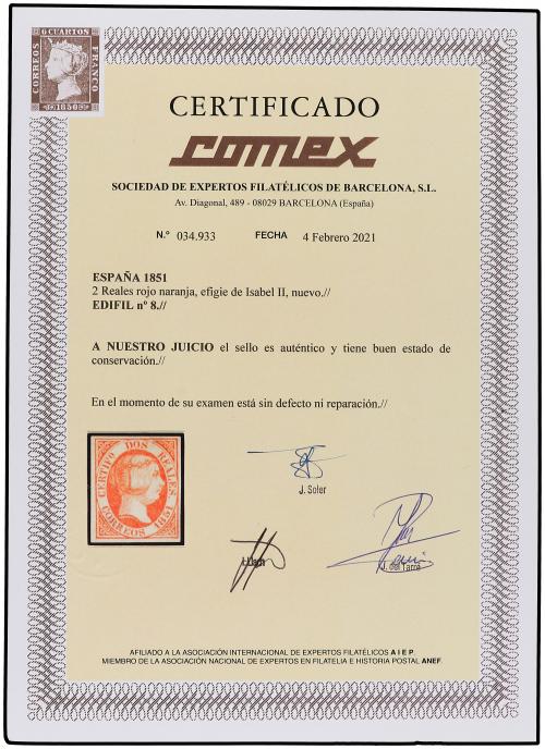 (*) ESPAÑA. Ed. 8. 2 reales bermellón. Precioso color y gran