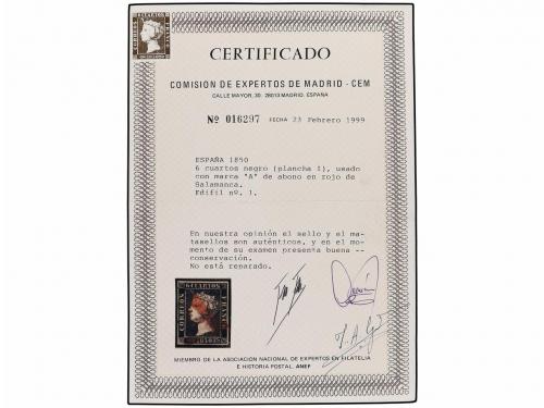 ° ESPAÑA. Ed. 1. 6 cuartos negro, pl. I posición 18. Mat. A 