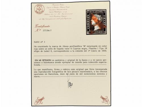 ° ESPAÑA. Ed. 1. 6 cuartos negro, pl. I posición 18. Mat. A 