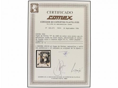 Δ ESPAÑA. Ed. 1A. 6 cuartos negro, pl. II. Matasellos MIXTO,