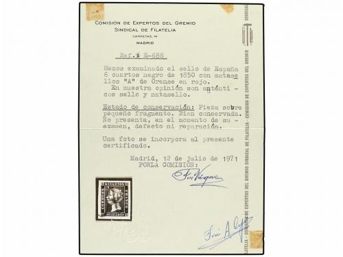 Δ ESPAÑA. Ed. 1. 6 cuartos negro, pl. I sobre pequeño fragme