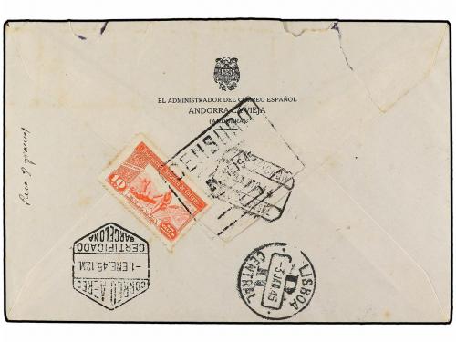 ✉ PORTUGAL. Ed. 29, 31, 40d. 1944. ANDORRA a LISBOA. 5 cts. 