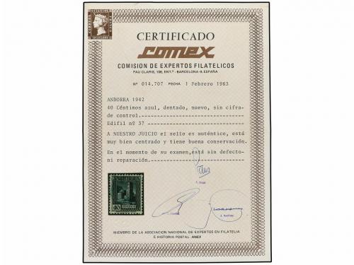 ** ANDORRA. Ed. 37. 40 cts. azul. Excelente centraje. LUJO. 