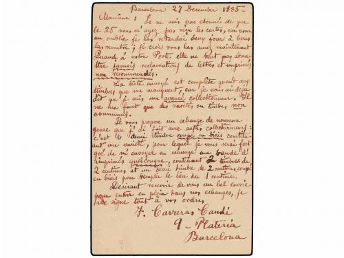 ✉ ESPAÑA. Ed. 13. 1885. BARCELONA a FRANCIA. 5 cts. verde co