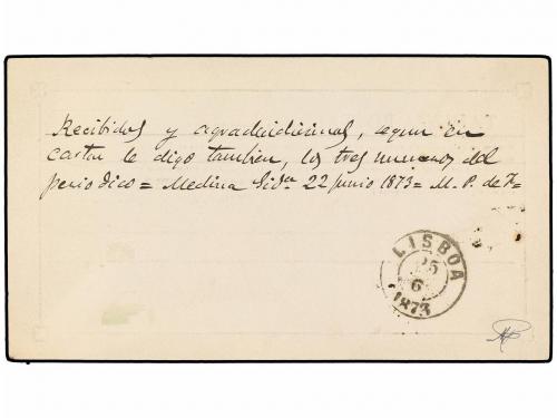✉ ESPAÑA. 1873. MEDINA SIDONIA a LISBOA. Tarjeta Postal Prec