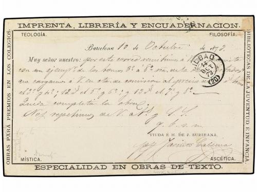 ✉ ESPAÑA. 1873. BARCELONA a BILBAO. Tarjeta Postal Precursor