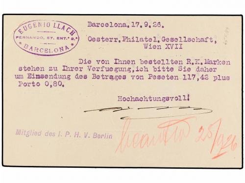 ✉ ESPAÑA. Ed. 57. 1926. BARCELONA a AUSTRIA. 15 cts. lila co
